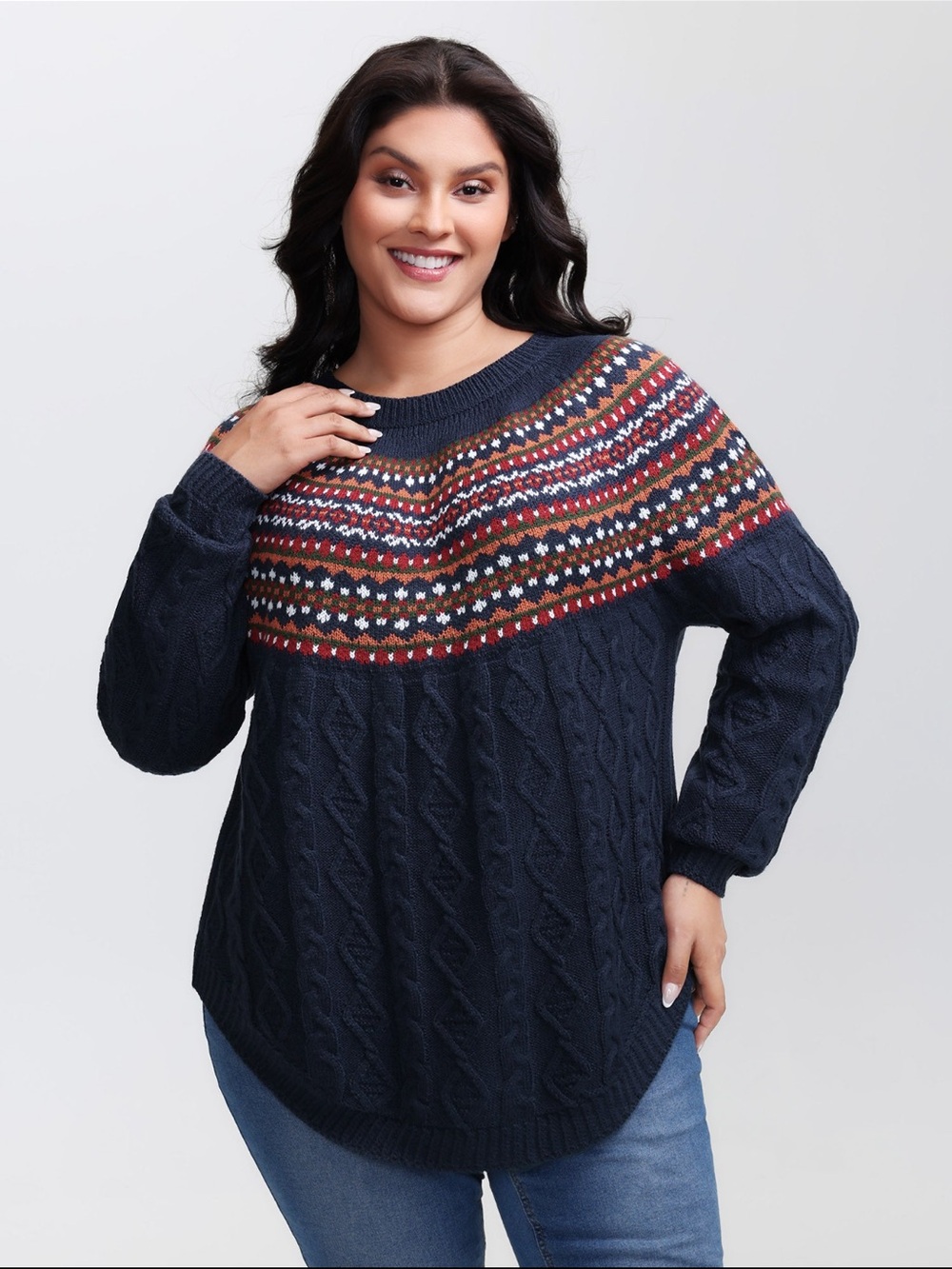 BloomChic Navy Cable Knit Sweater w/ Red and Orange Fair Isle Yoke & Curved Hem